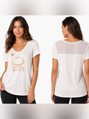 Bebe Sport White Gold Logo Tee Mesh Back V-Neck Top Large